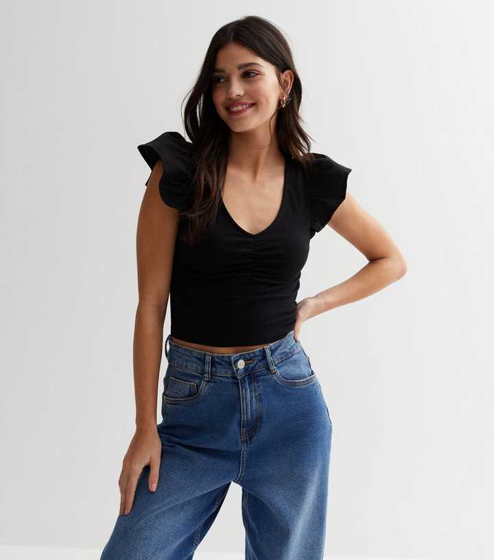 Black Ruched Front Frill Sleeve Crop Top