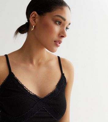 Black Crinkle Lace Trim Cami Top | New Look