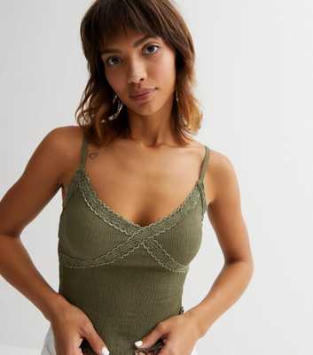 Khaki Crinkle Lace Trim Cami