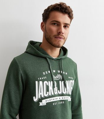 Men's Jack & Jones Khaki Cotton Logo Hoodie New Look