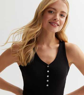 Black Ribbed Faux Pearl Button Bodysuit