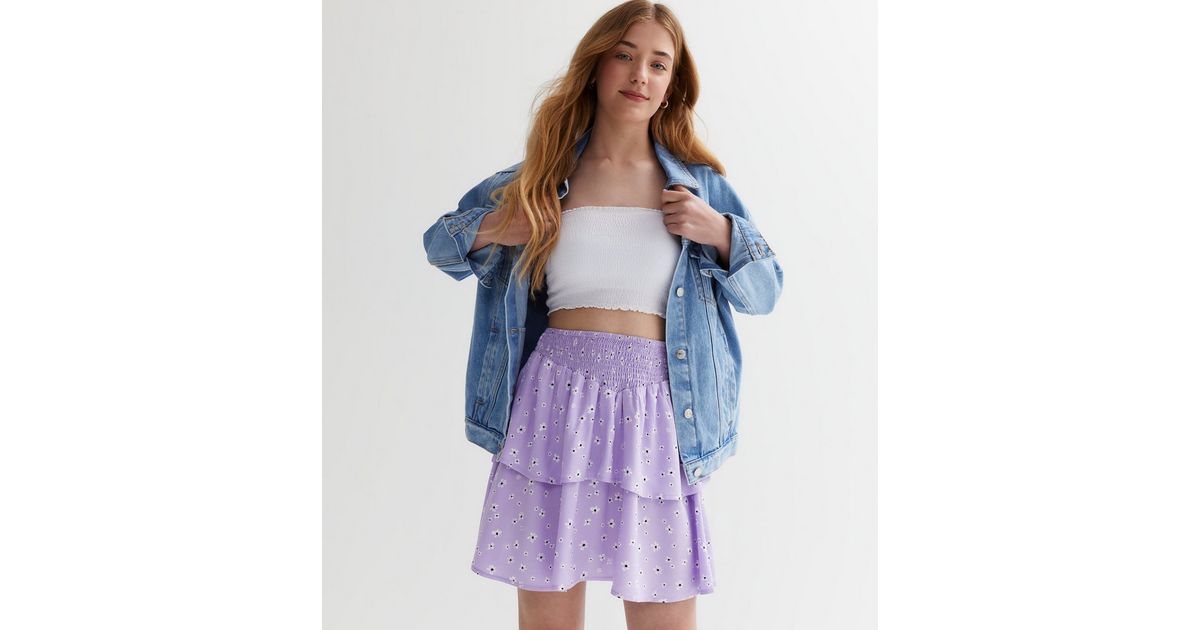 Girls Lilac Floral Tiered Mini Skirt New Look