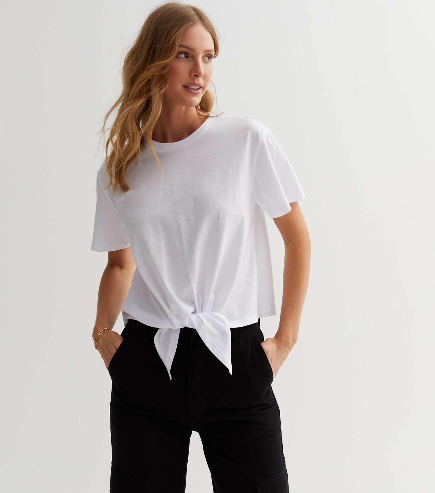 White Cotton Tie Front Short Sleeve T-Shirt