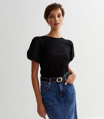 Black Poplin Short Puff Sleeve Top | New Look