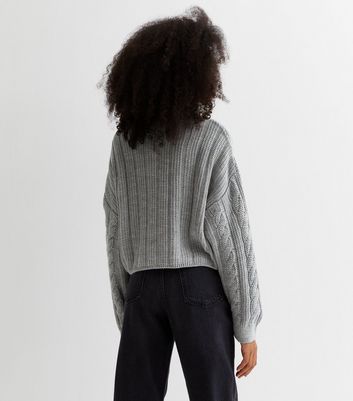 Girls Grey Cable Knit Crop Jumper New Look