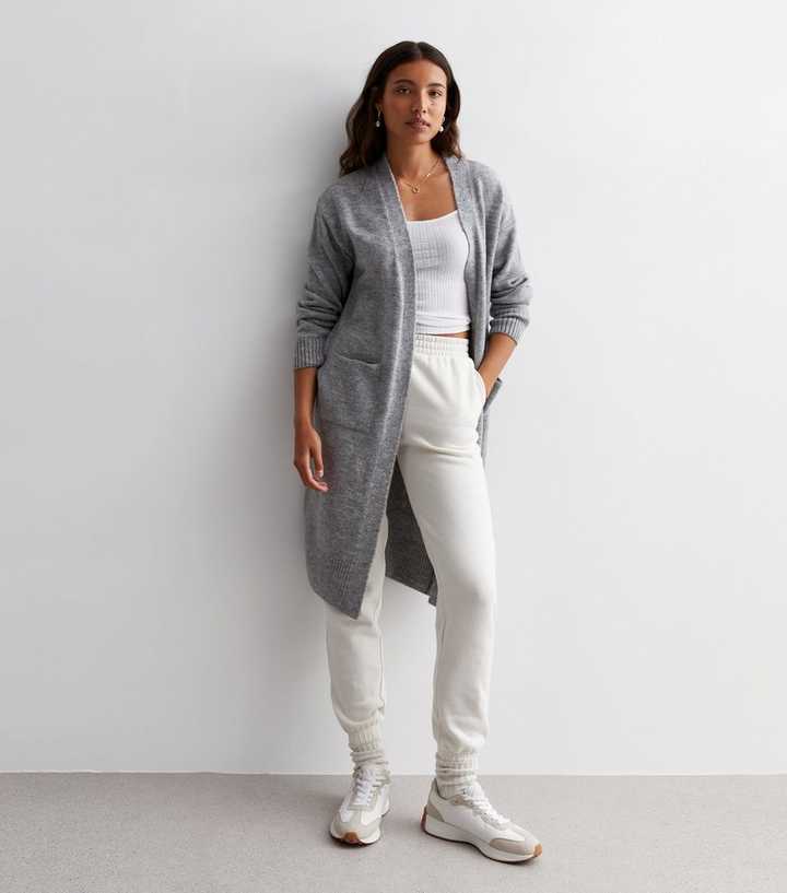 Light Grey Plain Pocket Mid Length Cardigan, Womens Cardigans