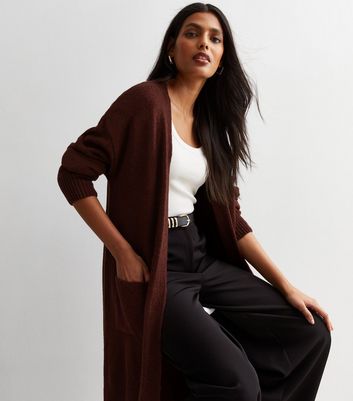 Burgundy Knit Pocket Front Midi Cardigan New Look