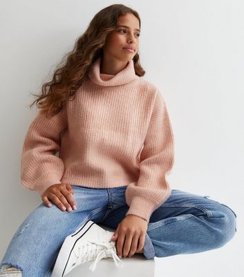 Girls Pale Pink Ribbed Roll Neck Jumper New Look