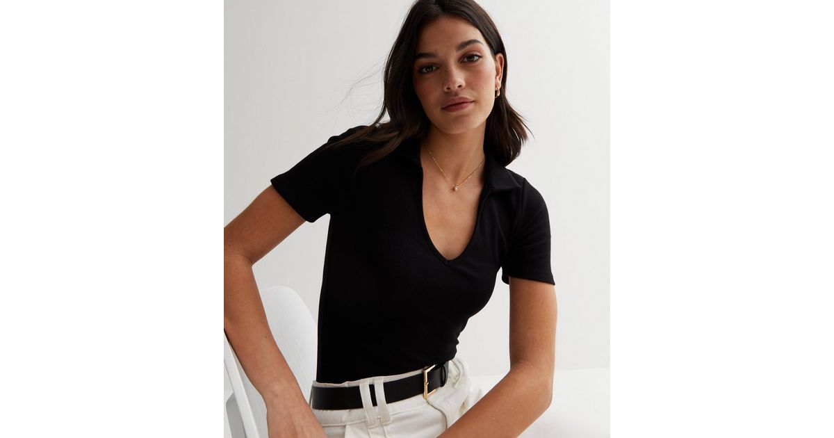 Black Ribbed Polo Top 