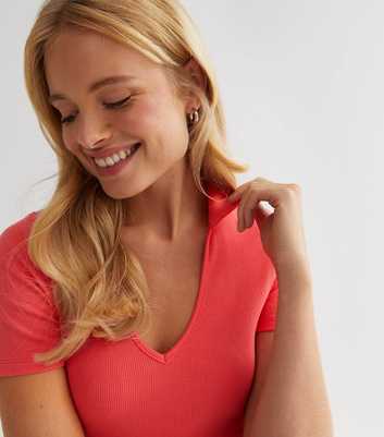 Coral Ribbed Polo Top