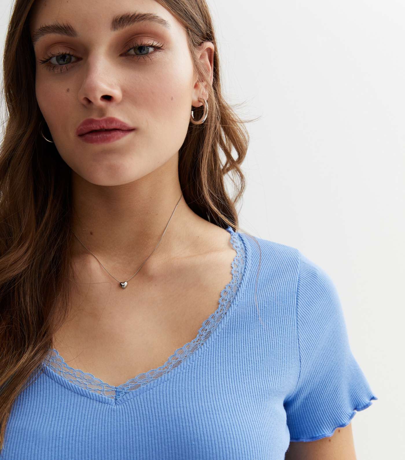 Blue Ribbed Lace Trim Top
