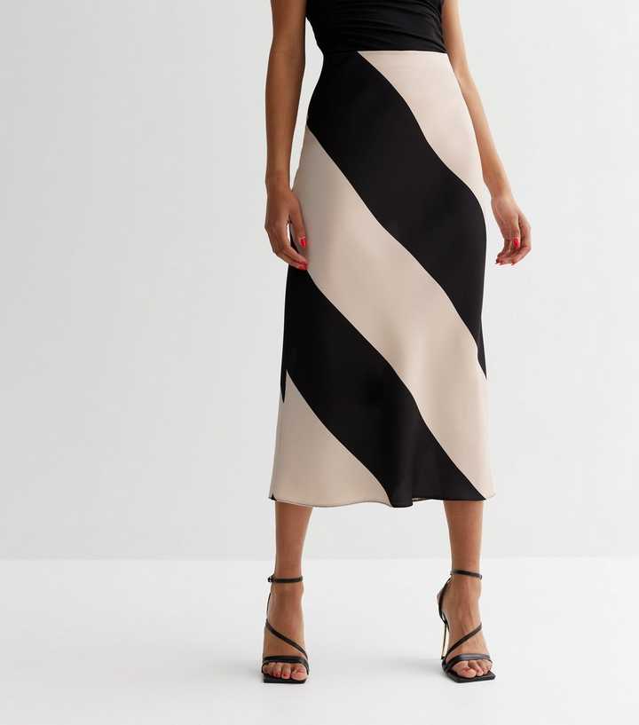 Black Stripe Bias Cut Midi Skirt | New Look