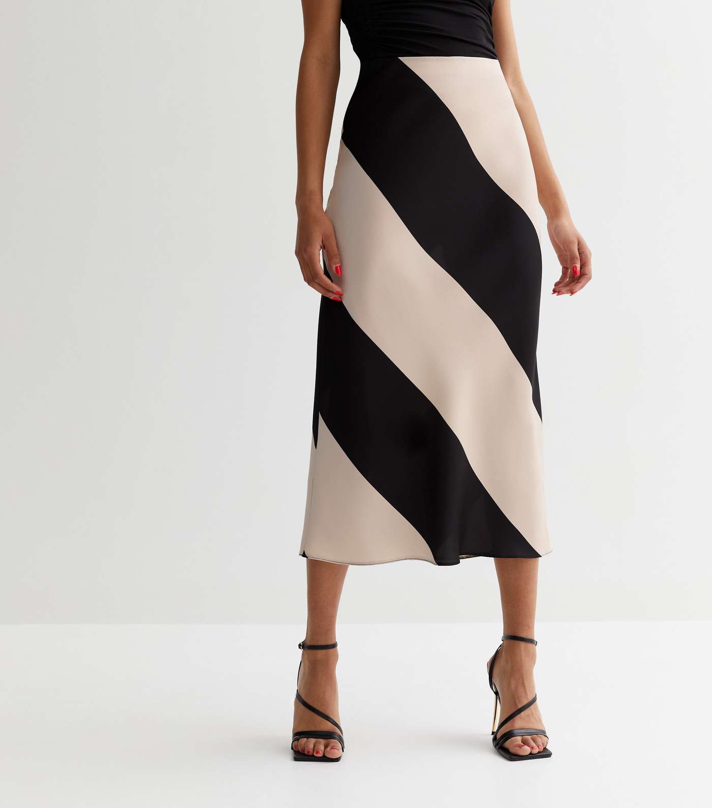 Black Stripe Satin Bias Cut Midi Skirt Image 2