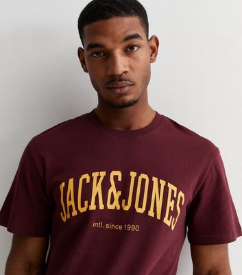 Men's Jack & Jones Burgundy Cotton Crew Neck Logo T-Shirt New Look
