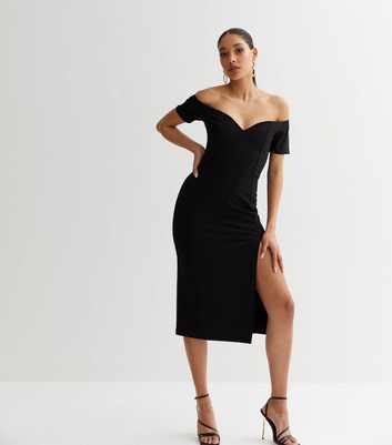 Black Bardot Split Hem Midi Bodycon Dress