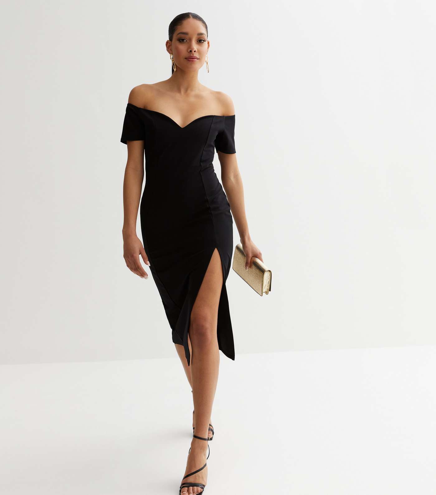 Black Bardot Split Hem Midi Bodycon Dress Image 3