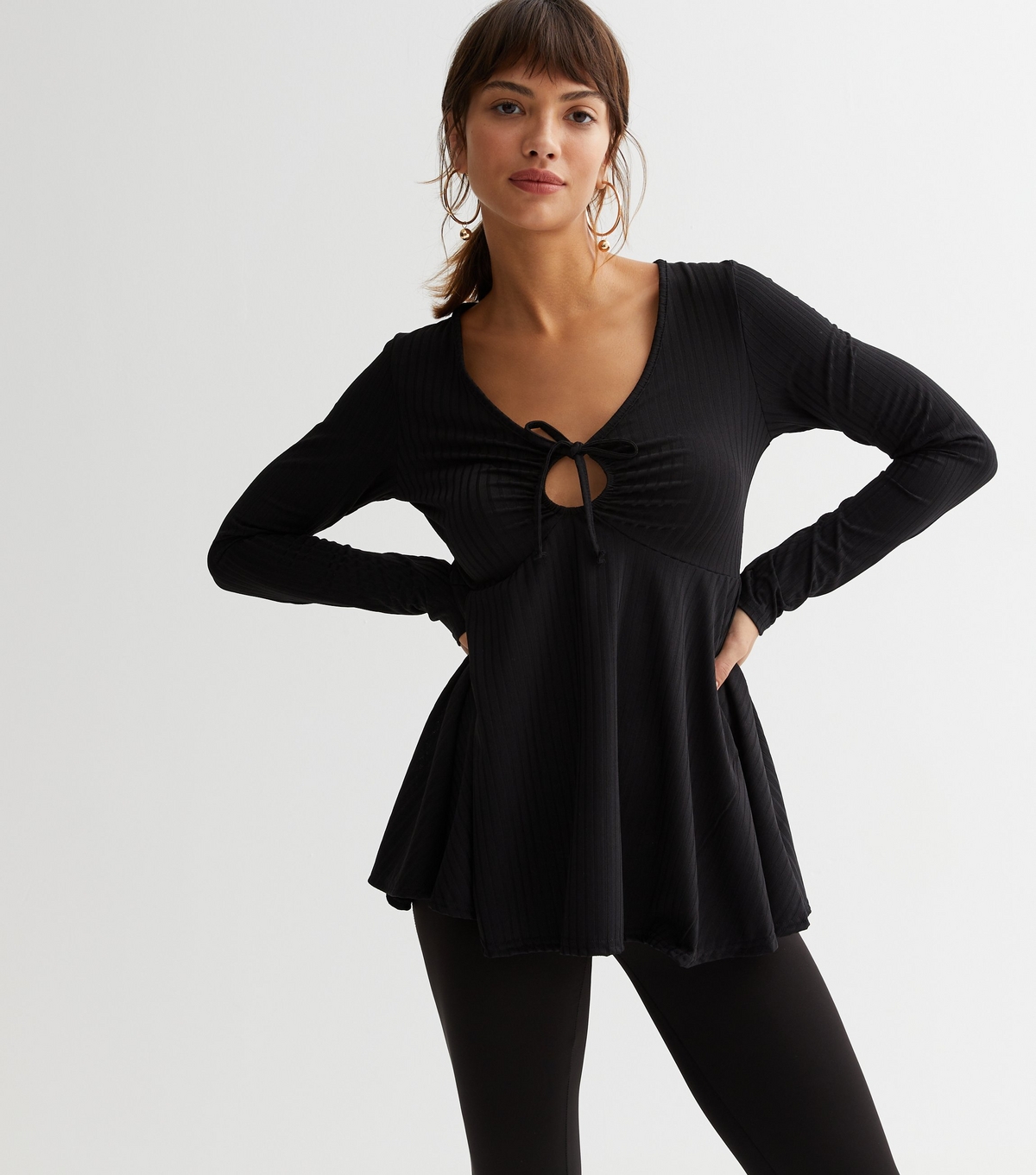 Women's Black Ribbed Tie Front Top New Look