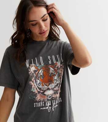Dark Grey Tiger Wild Soul Acid Wash Logo Oversized T-Shirt