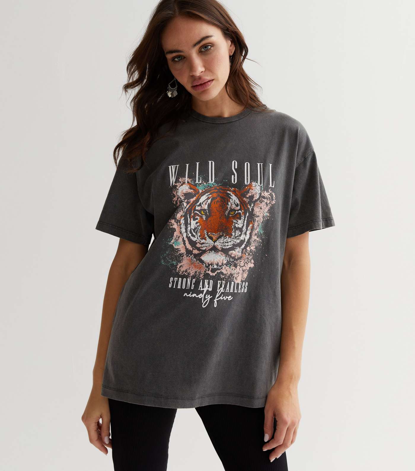 Dark Grey Tiger Wild Soul Acid Wash Logo Oversized T-Shirt Image 3