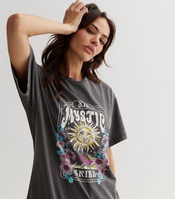 Dark Grey Sunshine Floral Mystic Skies Acid Wash Logo T Shirt New Look