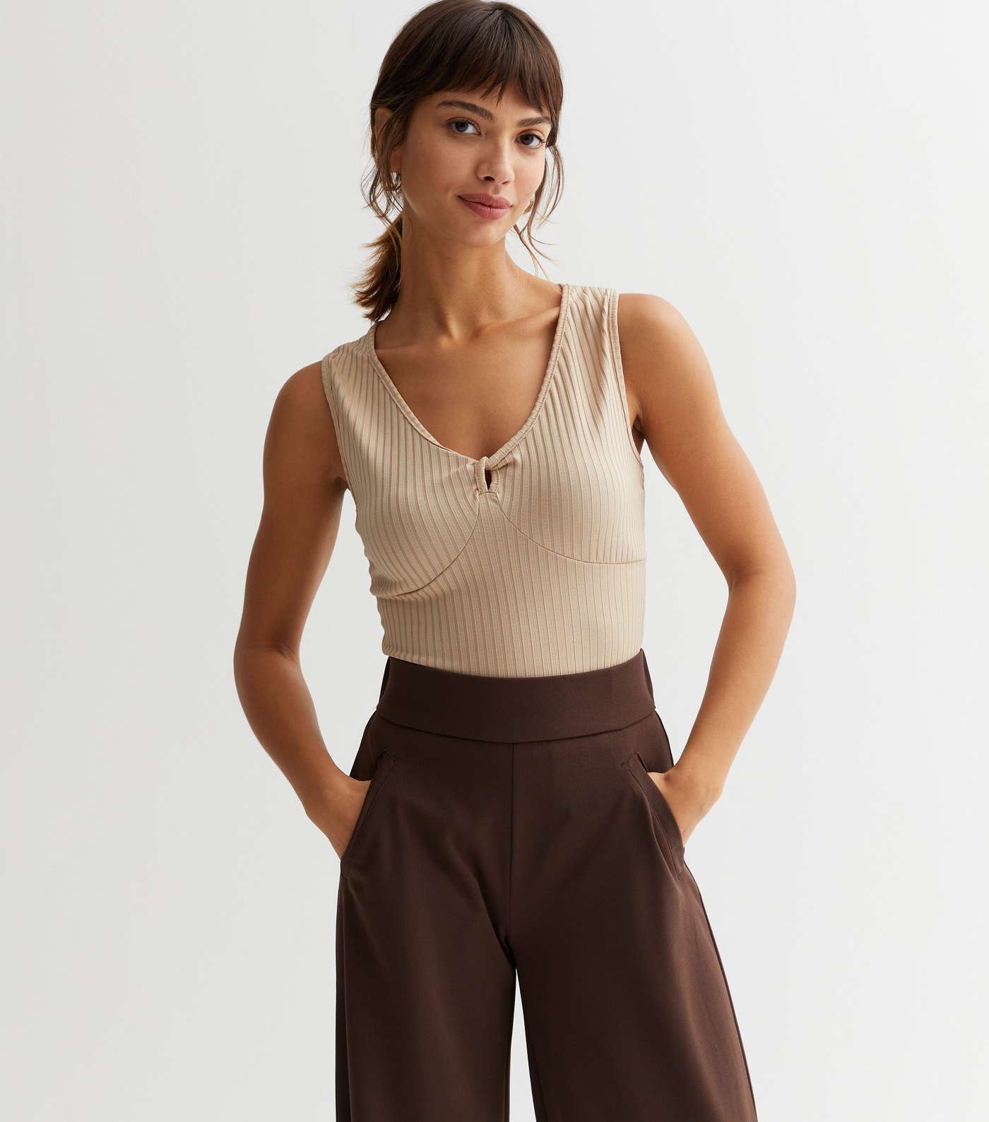 Tan Ribbed Jersey Cut Out Twist Sleeveless Bodysuit Image 2