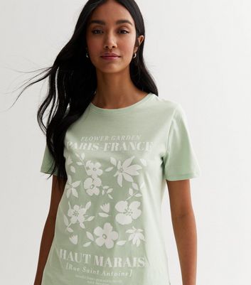 Light Green Floral Paris Crew Neck Logo T-Shirt | New Look