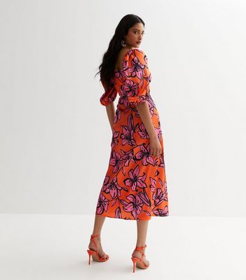 Orange Floral Satin Puff Sleeve Wrap Midi Dress New Look