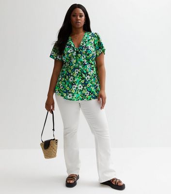 Curves Green Floral Peplum Blouse New Look