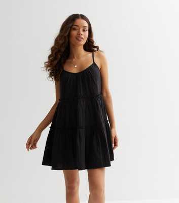 Petite Black Strappy Tiered Smock Mini Dress