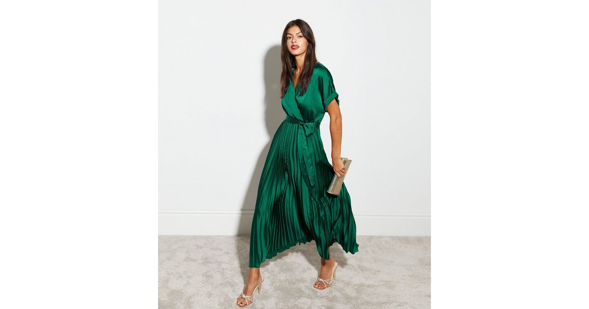 Dark Green Satin Pleated Midaxi Wrap Dress | New Look
