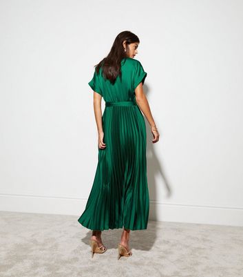 Dark Green Satin Pleated Midaxi Wrap Dress | New Look