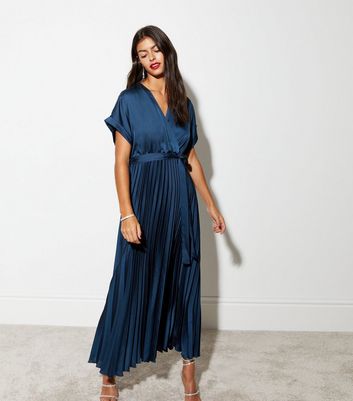 Navy Satin Pleated Midaxi Wrap Dress | New Look