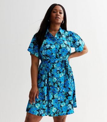 Curves Blue Floral Short Sleeve Mini Shirt Dress | New Look