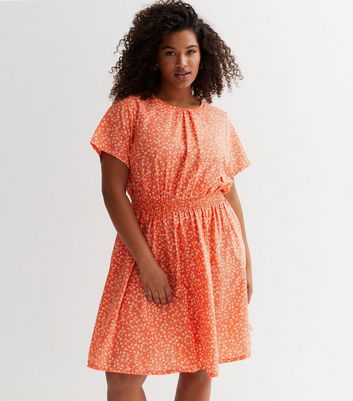 Curves Orange Pattern Shirred Waist Mini Dress New Look