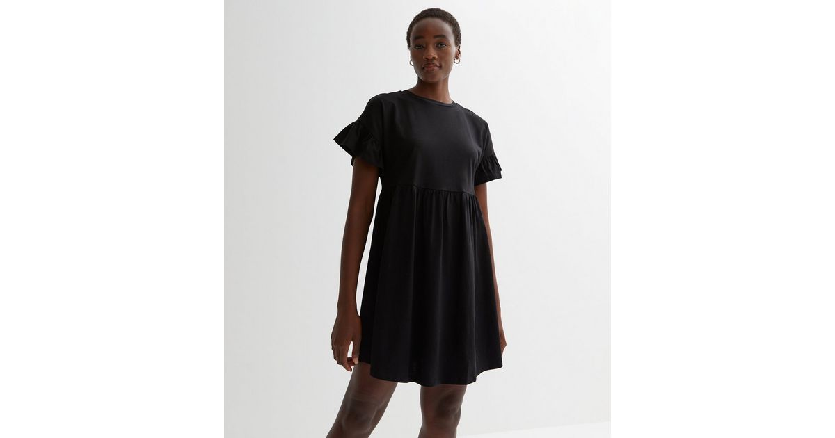Tall Black Jersey Frill Mini Smock Dress | New Look
