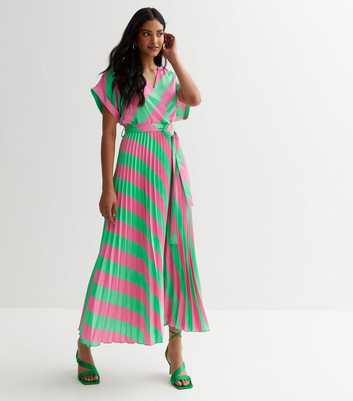 Green Stripe Satin Pleated Midi Wrap Dress