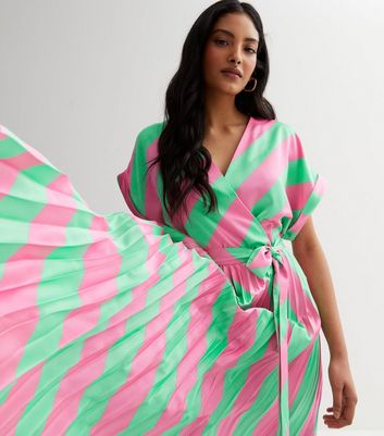 Green Stripe Satin Pleated Midaxi Wrap Dress New Look