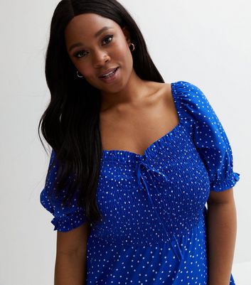 Curves Blue Spotty Puff Sleeve Mini Dress | New Look