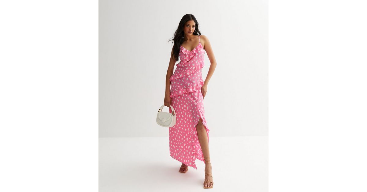 Pink Abstract Spot Satin Ruffle Maxi Dress | New Look