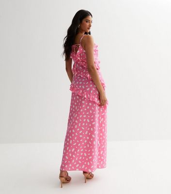Pink Abstract Spot Satin Ruffle Maxi Dress New Look