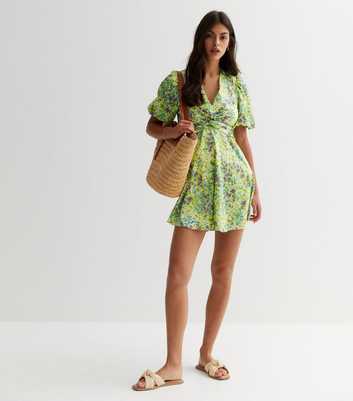 Green Floral Jacquard Twist Front Mini Dress