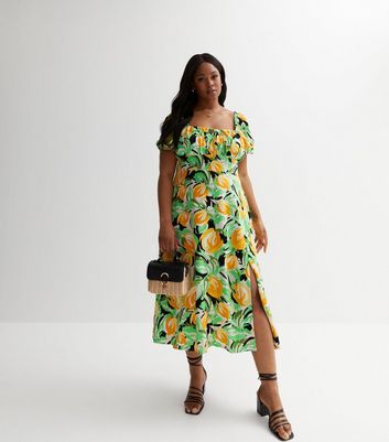 Curves Green Lemon Tie Front Midi Dress | New Look