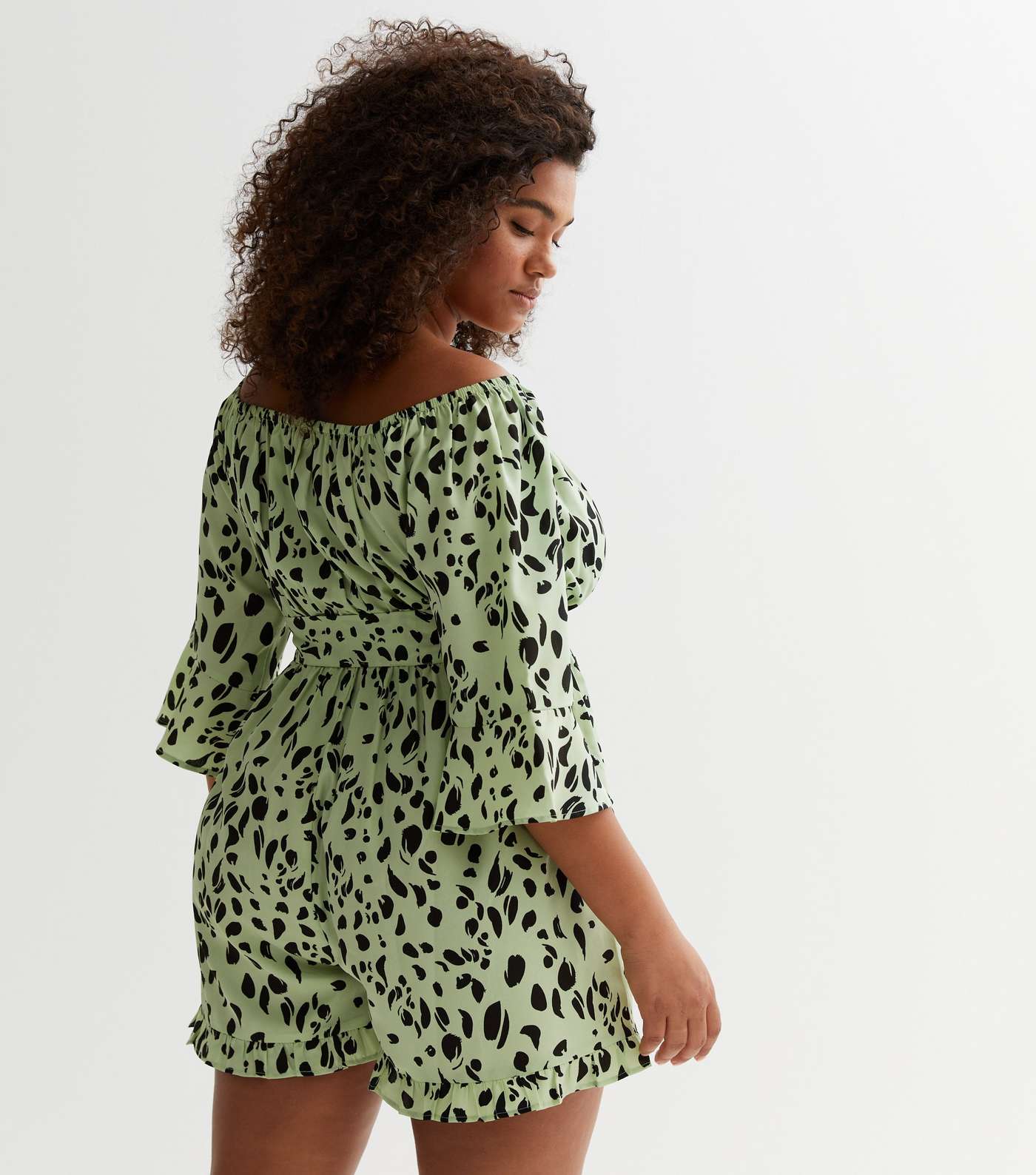 Curves Green Leopard Print Bardot Playsuit Image 4