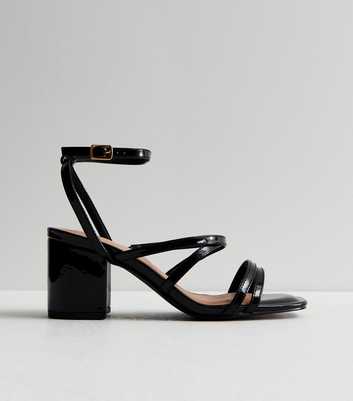Extra Wide Fit Black Patent Strappy Mid Block Heel Sandals