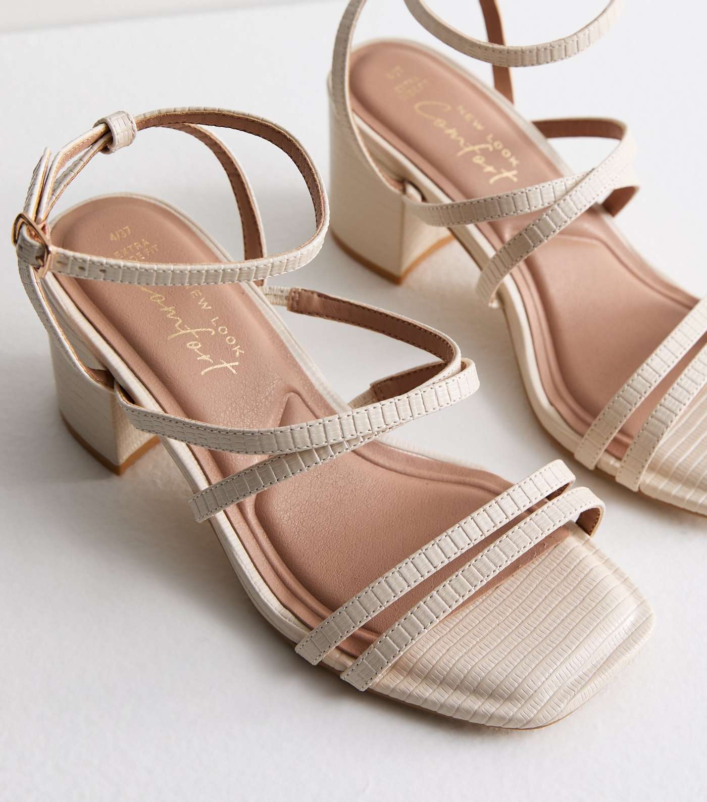 Extra Wide Fit Off White Strappy Mid Block Heel Sandals Image 3