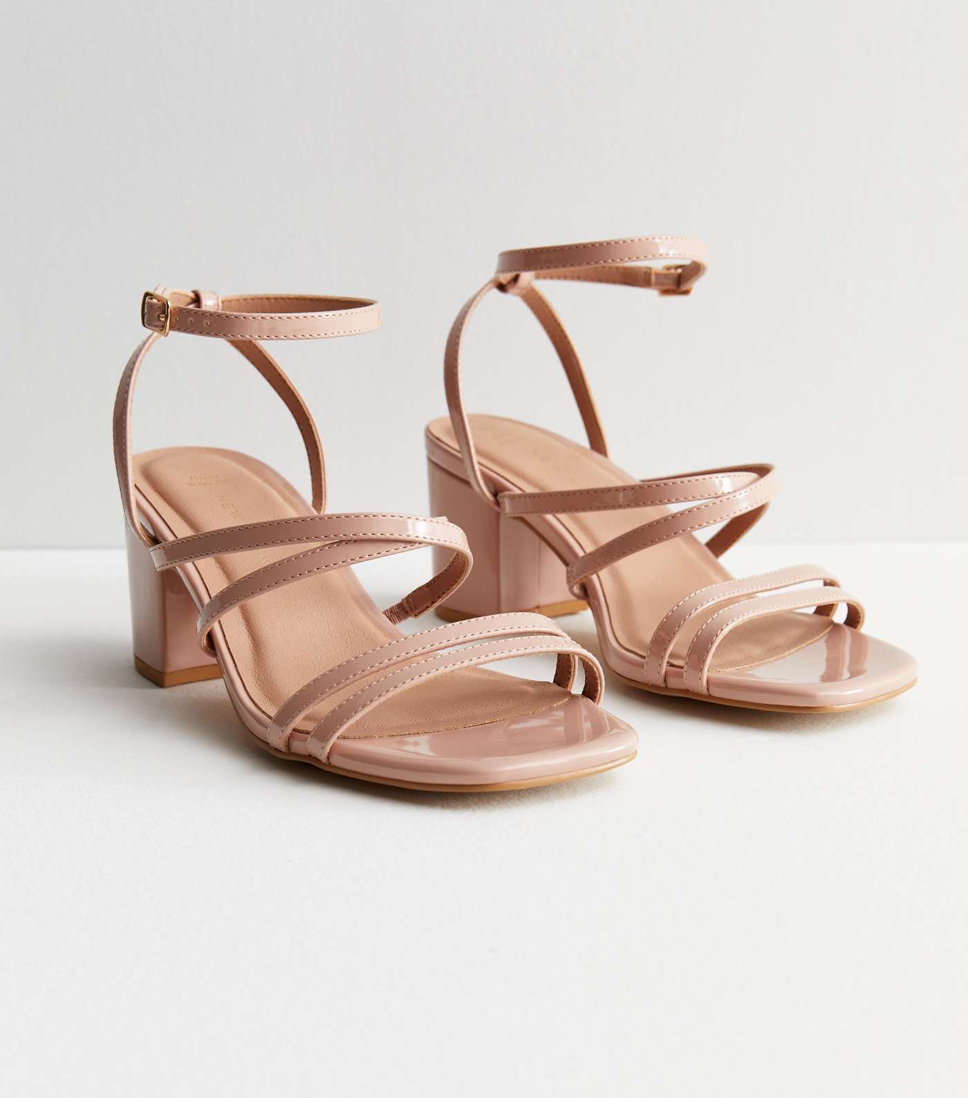 Extra Wide Fit Pale Pink Patent Strappy Mid Block Heel Sandals