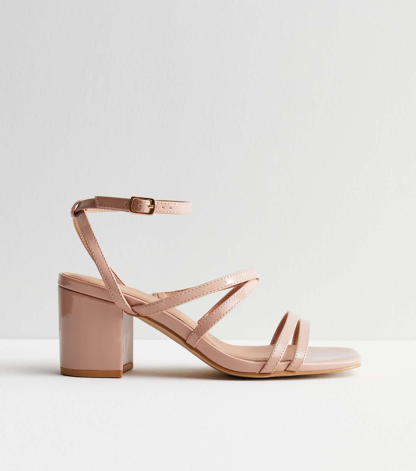 Extra Wide Fit Pale Pink Patent Strappy Mid Block Heel Sandals Image 3