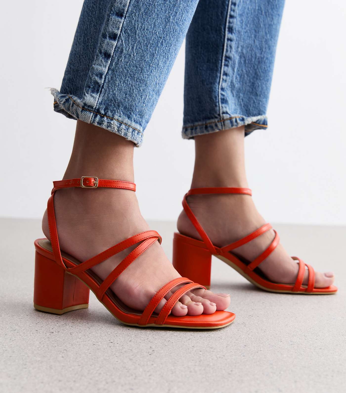 Extra Wide Fit Red Strappy Mid Block Heel Sandals Image 2