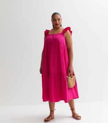 Curves Bright Pink Poplin Tiered Frill Sleeve Midi Dress