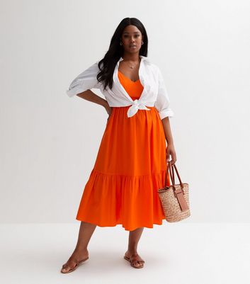 Curves Bright Orange Strappy Tiered Midi Dress New Look